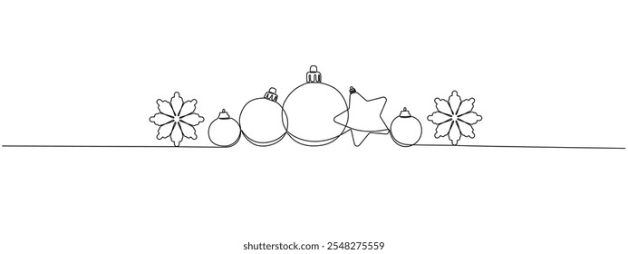 Adornos de árboles de Navidad, copos de nieve de una línea continua. Decoración navideña en un estilo lineal simple. Tarjeta de Navidad festiva. Vector ilustración editable.