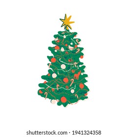 Christmas tree with ornaments and star on top. Xmas tree vector illustration for web design, holiday card, poster, sticker, poster, packaging design