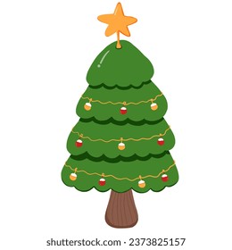 Christmas tree with ornaments and a star. Vector illustration.