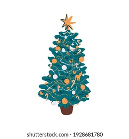 Christmas tree with ornaments and stars on top. Xmas tree vector illustration for web design, holiday card, poster, sticker, poster, packaging design