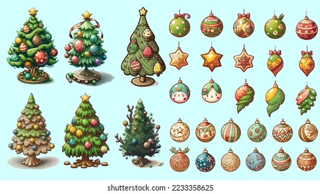 Christmas Tree with ornaments and various of cute christmas ornaments in set of vector