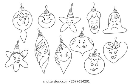 Christmas tree ornaments with various emotional faces in black and white outline style. Concept of festive decoration, emotional expression and holiday coloring activity