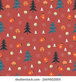 Árvore de Natal e ornamentos vetor sem emenda padrão-Xams design de superfície de feriado. Pinheiros, estrelas, flocos de neve, mitenes e sinos. Allover imprimir textura cristalina no fundo castanheiro profundo