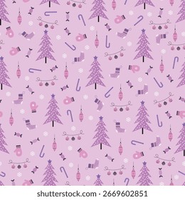 Christmas tree and ornaments vector seamless pattern. Xams holiday surface design. Pine trees, candy canes, mittens, jingle bells, socks, baubles and snowflakes. Allover print Christmassy background.