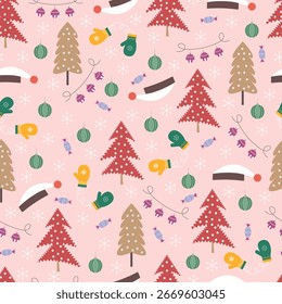 Árvore de Natal e ornamentos vetor padrão sem costura. Xams design de superfície de férias. Pinheiros, mitenes, sinos, bolas de neve e flocos de neve. Allover imprimir textura Christmassy no fundo roxo.