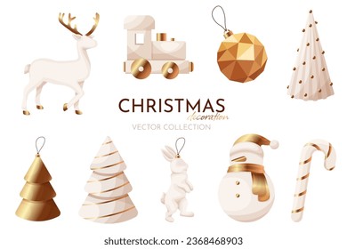 Christmas tree ornaments white with golden deer, train, Christmas tree, snowman, ball