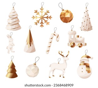 Christmas tree ornaments white with golden deer, train, Christmas tree, snowman, ball