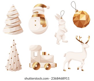 Christmas tree ornaments white with golden deer, train, Christmas tree, snowman, ball