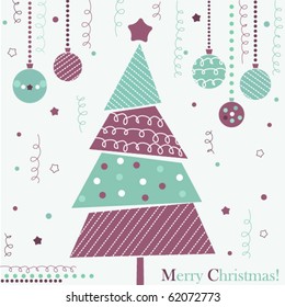 Christmas tree with ornaments, xmas card, violet design