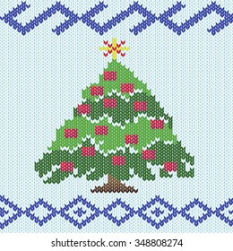 Christmas tree with ornate details makes in stylized knitting employment, vector artwork