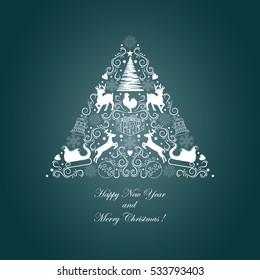Christmas tree from ornate elements. Beautiful wallpaper. Cut paper. Vector illustration
