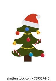 Christmas tree ornated with toys in forms of candies and bells, balls and garlands, big red hat of Santa Claus placed on its top vector illustration