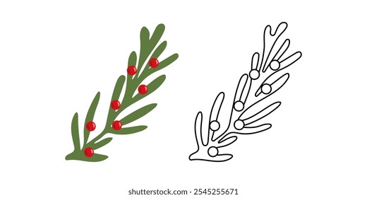 Christmas Tree outline and colored branch with red berries. Winter seasonal coniferous sprig. Christmas holiday vector element. Flat style isolated illustration.