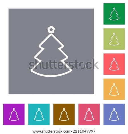 Christmas tree outline flat icons on simple color square backgrounds