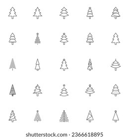 Christmas tree outline icons set. linear style symbols collection, line signs pack. vector graphics. Set includes icons as Xmas tree decoration with star, Coniferous forest, Spruce winter tree, Fir