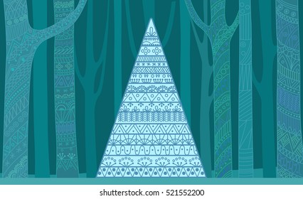 Christmas tree outline pattern. Mysterious New Year forest. Beautiful decorative color line patterns Christmas tree