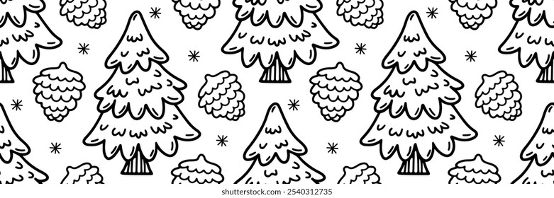 Christmas tree outline pattern. Pine tree, cones and snowflakes hand drawn line art. Festive winter doodle background. Minimalistic horizontal Vector illustration for holidays, wrapping paper.