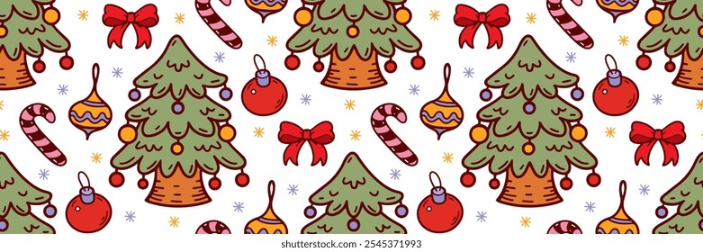Christmas tree outline pattern. Pine tree, balloon toy, lollipop hand drawn clip art. Festive winter doodle background. Minimalistic horizontal Vector illustration for holidays, wrapping paper.