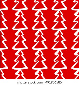 christmas tree outline seamless pattern. Hand drawn christmas tree silhouette ornament on a red background. 