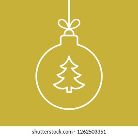 Christmas tree outline shape in Christmas ball on gold background. Vector illutration.