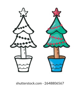 Christmas Tree, outline symbol, colored icon set. Doodle cartoon style, sketch hand drawn blob brush stroke line, black ink marker contour. Hanging toy garland ornament. Cute vector illustration