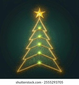 Christmas tree outline vector with glowing glitter effect star on top illustration vector.