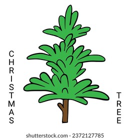 Christmas tree outline vector illustration. Cartoon Christmas tree, Evergreen pine, fir New year decoration. Isolated winter symbol for card, sale poster, illustration,  book design.