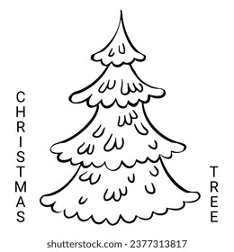 Christmas tree outline vector illustration. Cartoon Christmas tree, Evergreen pine, fir New year decoration. Isolated winter symbol for card, sale poster, illustration,  book design.