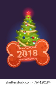 Christmas Tree Over Bone Happy New Year 2018 Of Dog Symbol Holiday Greeting Card Flat Vector Illustration