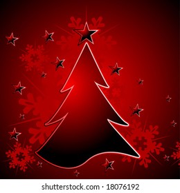 Christmas tree over red background with snow crystals