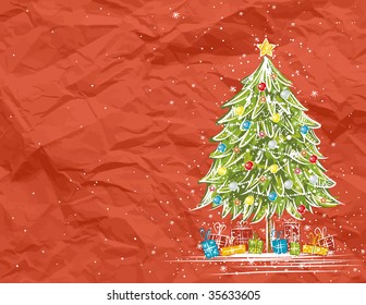christmas tree  over  red crumple background, vector illustration