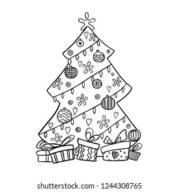 Christmas tree, page for coloring. Imitation of children's drawing.