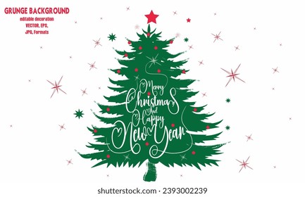 Christmas tree paint brush strokes. Merry christmas and Happy New Year calligraphy, Hand drawn pine trees. christmas tree with xmas decorations - ornaments, stars, garlands, Holiday decoration element