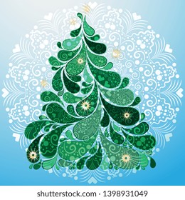 Christmas tree with paisley, snowflakes and stars. Frame, postcard, pattern. Vector image. Eps 10