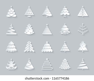 Christmas Tree Paper Cut Art Icons Set. 3D Web Sign Kit Of Stylized Spruce. Fir Farm Pictogram Collection Ball, Fir, Spruce Simple Christmas Tree Vector Paper Carved Icon Shape. Material Design Symbol