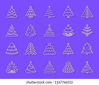 Christmas Tree paper cut line icons set. 3D sign kit of stylized spruce. Fir Farm linear pictogram collection fir, spruce. Simple christmas tree vector paper carved icon shape. Material design symbol