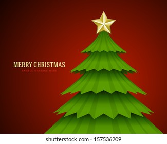 Christmas tree from paper cut on red background and merry christmas text for celebration greeting card or banner vector illustration.