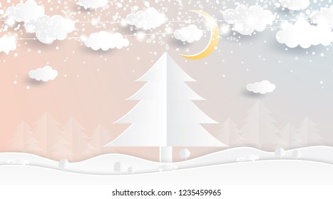 Christmas Tree in Paper Cut Style. Winter Forest with Moon and Clouds. Vector Illustration. Merry Christmas and Happy New Year.