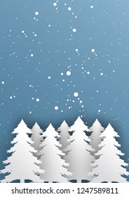 Christmas tree paper cut and Winter landscape,vector illustration