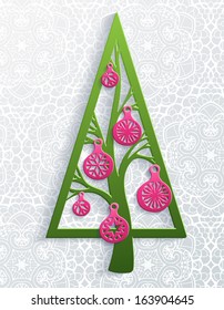 Christmas tree. Paper design. Festive spruce with Christmas balls. Ornate background. Vector illustration for your design. Christmas template. Blank space for your text. Vector greeting card. EPS 10.