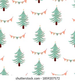 Christmas tree with paper garland seamless pattern. Textile and paper design.