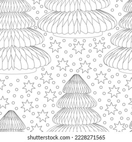 Christmas tree from paper. Seamless pattern. Stars and snow.
Drawing illustration vector. Origami elements. Black lines and white background.