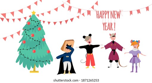 Christmas tree party, children in costumes celebrating new year