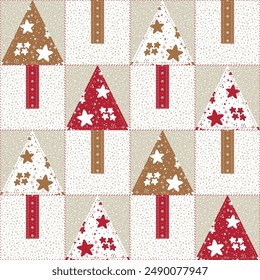 Christmas tree Patchwork Seamless pattern. Christmas, New Year, Winter Holidays. Decorative Abstract Geometric Mosaic Pattern in Folk Style. Quilting Background. Vector illustration.