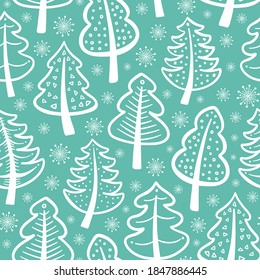Diseño de fondo de patrón de árbol de Navidad. Cuto vector estacional repetición sin fisuras de árboles festivos delineados y copos de nieve. Ilustración superficial de días festivos en verde y blanco.
