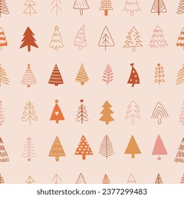 Christmas tree pattern background. Christmas illustration hand drawn packing paper design, winter holiday decoration, modern bright colors, hand drawn vector illustration