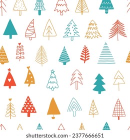 Christmas tree pattern background. Christmas illustration hand drawn packing paper design, winter holiday decoration, modern bright colors, hand drawn vector illustration