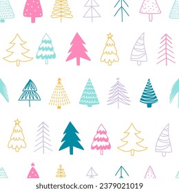 Fondo del patrón de árbol de Navidad. ilustración navideña diseño de papel de embalaje con dibujos a mano, decoración de vacaciones de invierno, colores brillantes modernos, ilustración vectorial con dibujos a mano