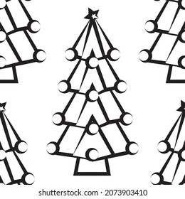 
Christmas tree pattern with balls and star in irregular black stroke on white background. Christmas pine pattern in black stroke on white background