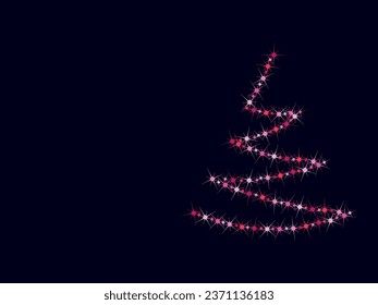 Christmas tree. Pattern of bright sparkling magical neon multi-colored particles, sparks and stars shining with special light. Space for text. Christmas abstract vector pattern on dark background. 